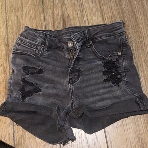 American Eagle Distressed Black Denim Shorts Cuffed Midi Stretch